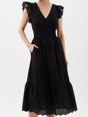 GAP 100% cotton like new black eyelet lace flutter sleeve midi-maxi dress